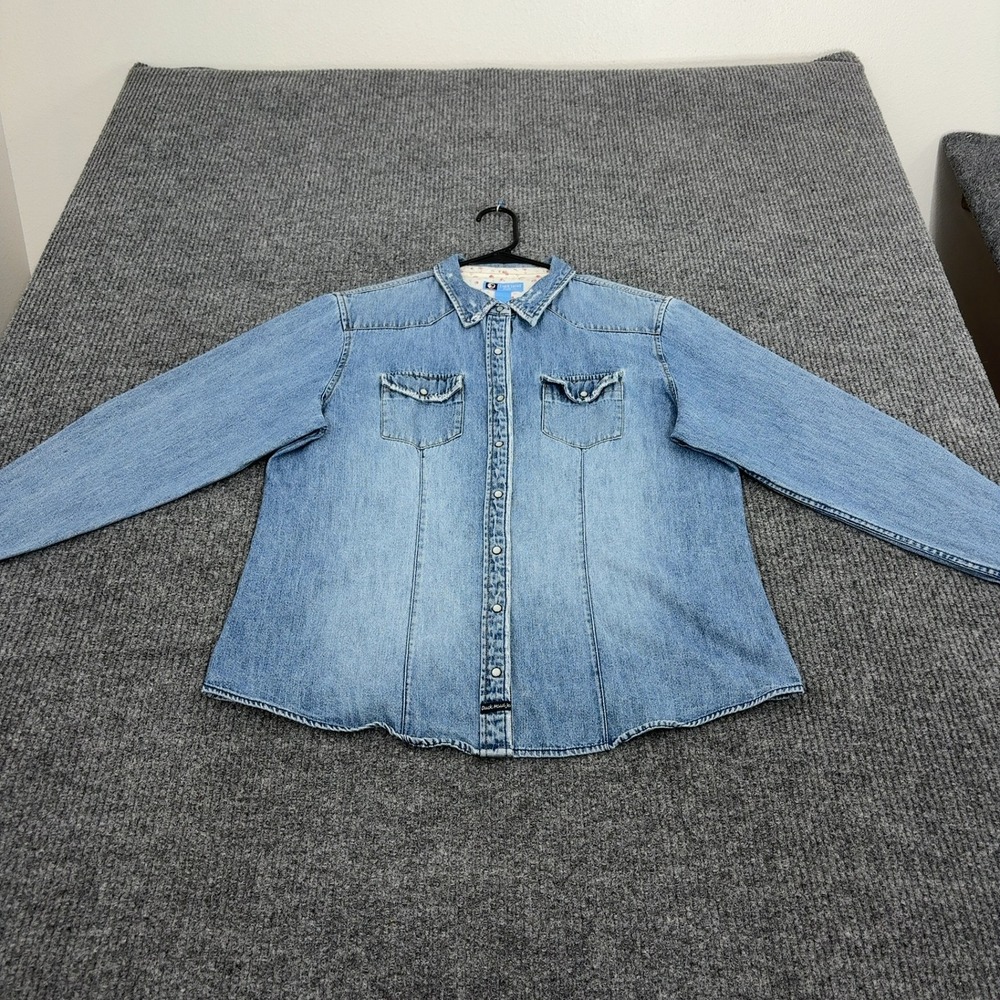 Duck Head Denim Shirt Womens L Blue Cotton Pearl Snap Western Distressed Cowboy